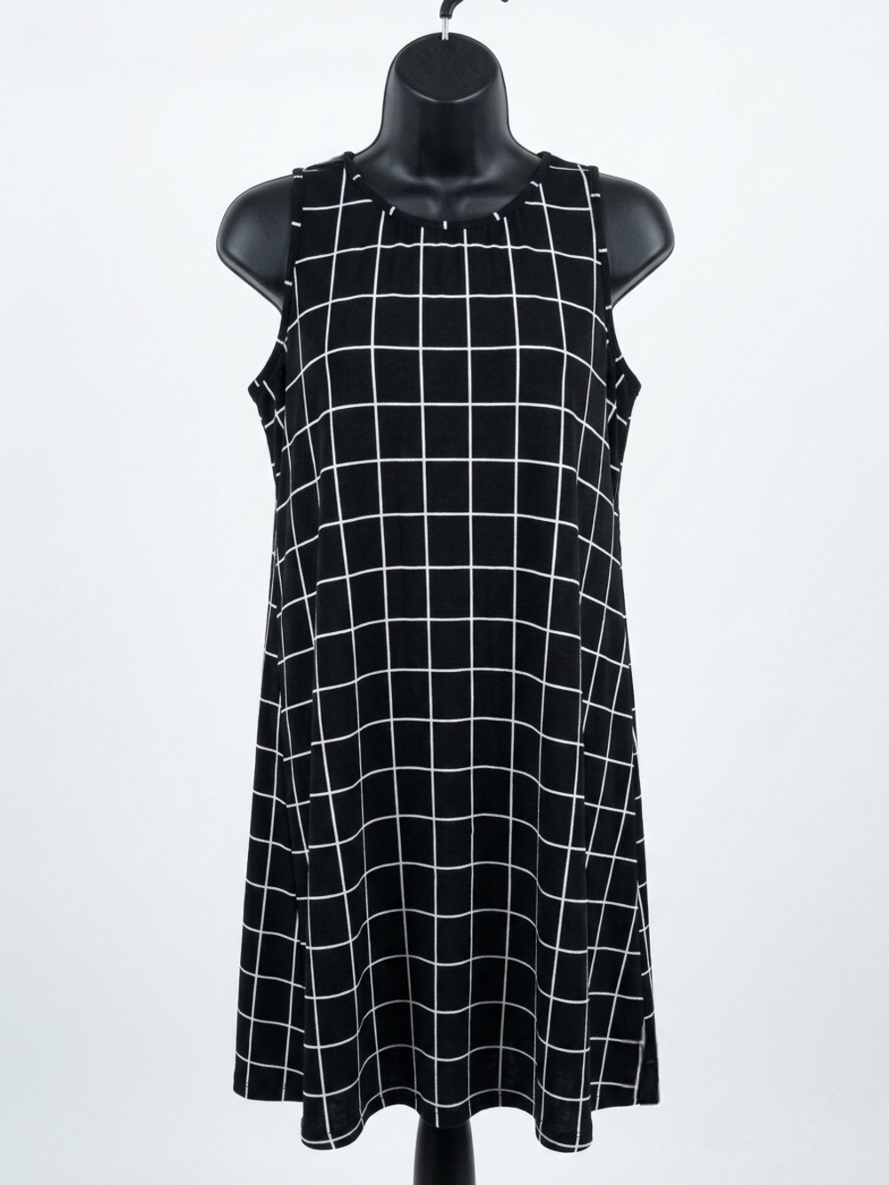 Irene Fashion Oversized Black White Grid Swing Midi Dress Loose Fit Minimalist
